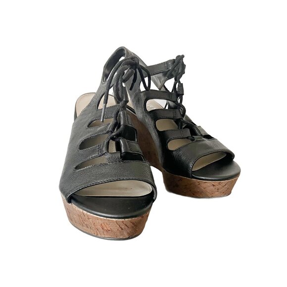 Franco Sarto Sunitha Black Leather Lace Up Wedge Sandal - Size 6 - Picture 7 of 11